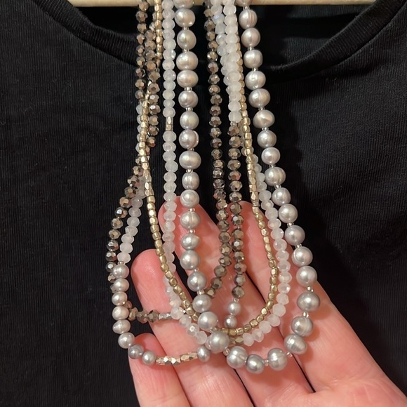 Multi strand 21 in necklace crystal and faux pearl. White and shades of silver. - Picture 3 of 3